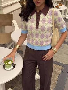 Siren Gaze Women's New Autumn/Winter Dusty Pink Diamond Check Polo Collar Knit Top Brunch School Preppy Dark Academia Casual - Yellow - View 9