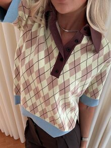 Siren Gaze Women's New Autumn/Winter Dusty Pink Diamond Check Polo Collar Knit Top Brunch School Preppy Dark Academia Casual - Yellow - View 10