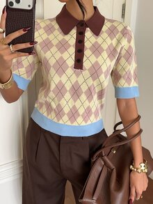 Siren Gaze Women's New Autumn/Winter Dusty Pink Diamond Check Polo Collar Knit Top Brunch School Preppy Dark Academia Casual - Yellow - View 4
