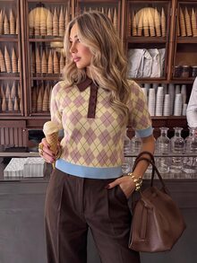Siren Gaze Women's New Autumn/Winter Dusty Pink Diamond Check Polo Collar Knit Top Brunch School Preppy Dark Academia Casual - Yellow - View 1