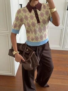 Siren Gaze Women's New Autumn/Winter Dusty Pink Diamond Check Polo Collar Knit Top Brunch School Preppy Dark Academia Casual - Yellow - View 5