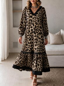 Louniche Women's Leopard Print V-Neck Lantern Sleeve Ruffle Hem Fashion Long Dress - Multicolor - View 6