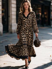 Louniche Women's Leopard Print V-Neck Lantern Sleeve Ruffle Hem Fashion Long Dress - Multicolor - View 1