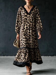 Louniche Women's Leopard Print V-Neck Lantern Sleeve Ruffle Hem Fashion Long Dress - Multicolor - View 4