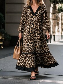 Louniche Women's Leopard Print V-Neck Lantern Sleeve Ruffle Hem Fashion Long Dress - Multicolor - View 5