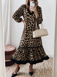 Louniche Women's Leopard Print V-Neck Lantern Sleeve Ruffle Hem Fashion Long Dress - Multicolor - View 3