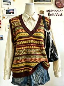 Collagica Collagica Regular V-Neck Loose Geometric Pattern Knit Vest - Brown - View 3