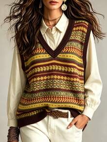 Collagica Collagica Regular V-Neck Loose Geometric Pattern Knit Vest - Brown - View 1