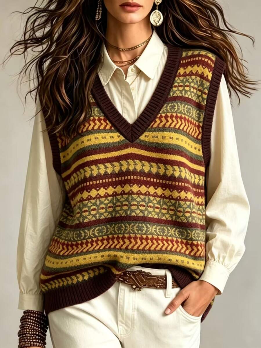 Collagica Collagica Regular V-Neck Loose Geometric Pattern Knit Vest - Brown - View 1