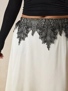 Travachic Plus Size French Lace Patchwork Asymmetrical Hem Skirt Fall - Beige - View 5