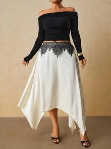 Travachic Plus Size French Lace Patchwork Asymmetrical Hem Skirt Fall - Beige - View 3