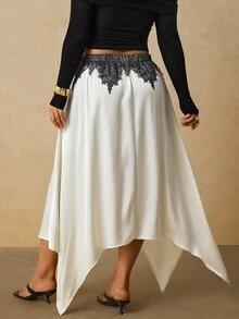 Travachic Plus Size French Lace Patchwork Asymmetrical Hem Skirt Fall - Beige - View 2