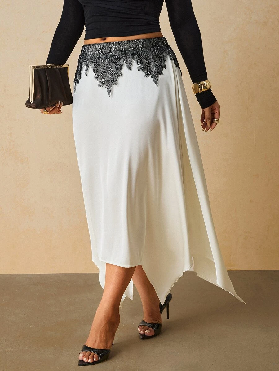 Travachic Rok Ukuran Besar dengan Patchwork Renda Prancis dan Hem Asimetris untuk Musim Gugur - Krem - View 1