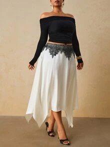 Travachic Plus Size French Lace Patchwork Asymmetrical Hem Skirt Fall - Beige - View 4
