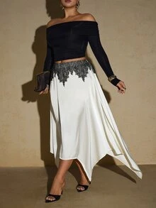 Travachic Plus Size French Lace Patchwork Asymmetrical Hem Skirt Fall - Beige - View 8
