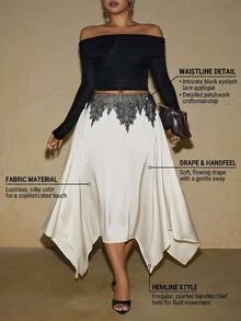 Travachic Plus Size French Lace Patchwork Asymmetrical Hem Skirt Fall - Beige - View 1