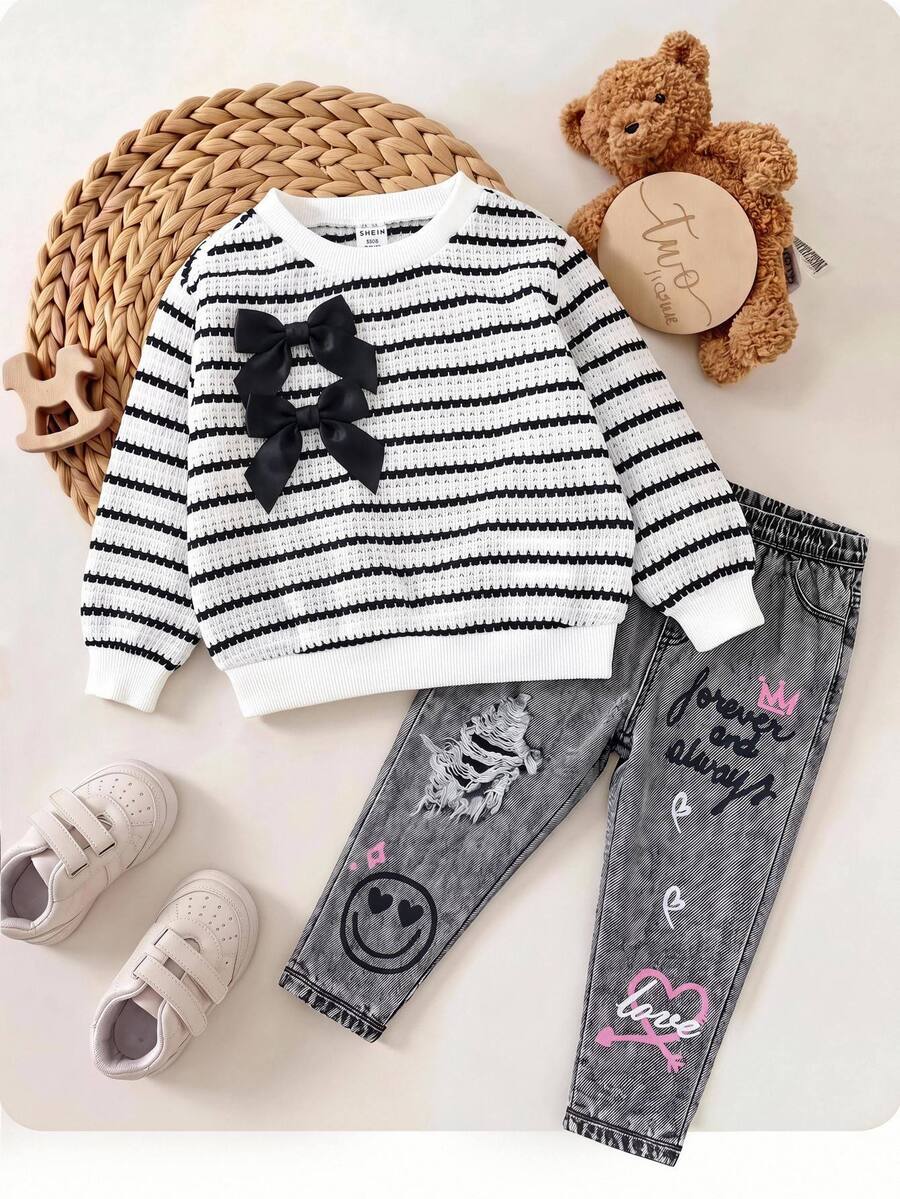 SHEIN Baby Girl Contrast Bow Detail Striped Pattern Pullover Sweatshirt & Cartoon Graphic Tapered Pants Set - Black and White - View 1