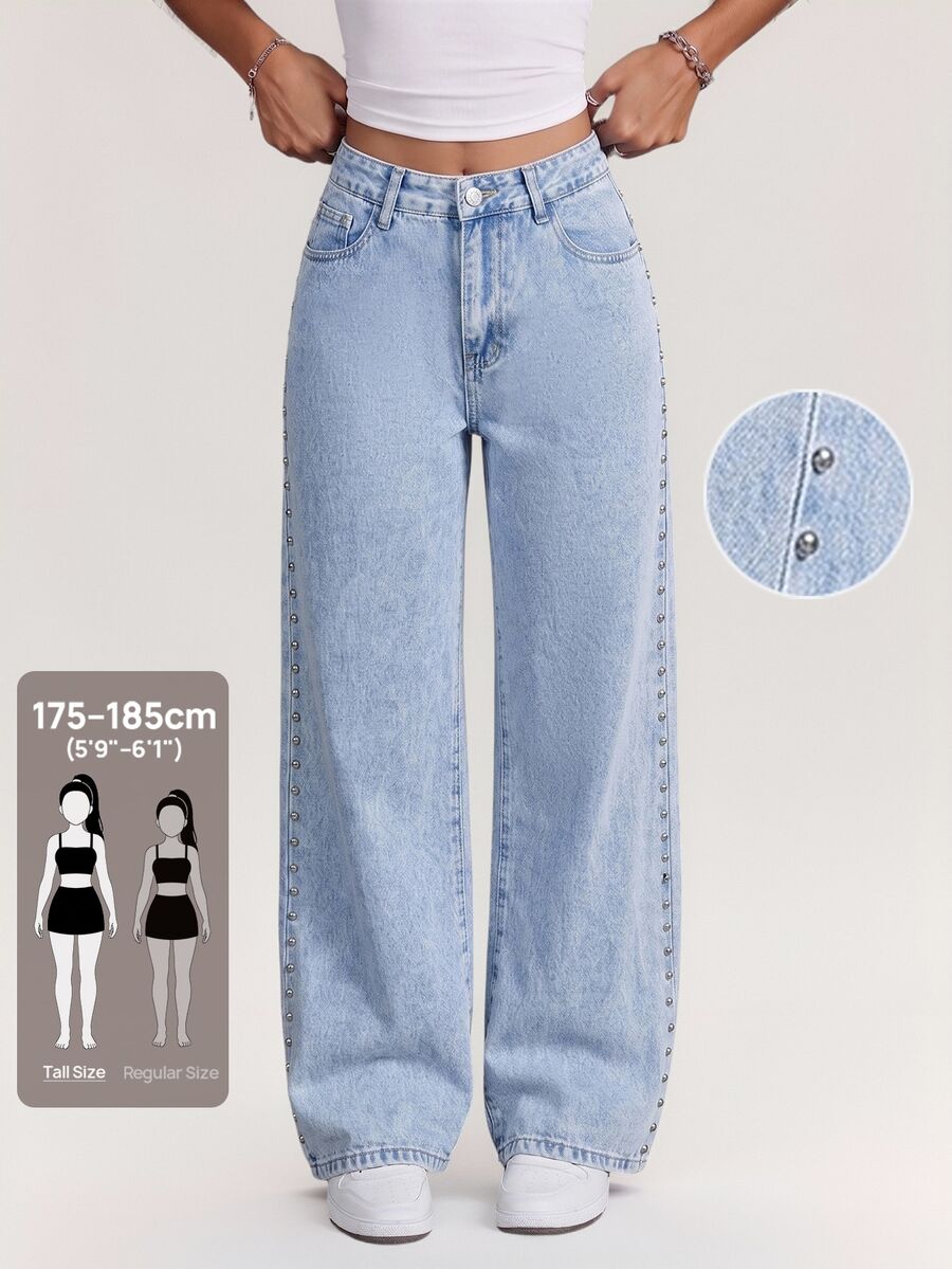 SHEIN Tall Women's TALL Tall Rivet Decor Light Wash Denim Jeans - Light Wash - View 1