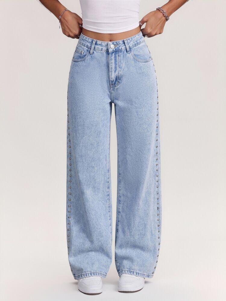 SHEIN Tall 女款 TALL 高身長鉚釘裝飾淺色水洗牛仔褲 - 淺色水洗藍 - 查看 5