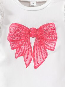 Elladie kids 两件套女童春夏套装，白色短袖上衣+牛仔裙；泡泡袖设计，袖口饰有荷叶边，胸前印有粉色蝴蝶结，百褶裙也饰有粉色蝴蝶结，甜美可爱风格，适合日常外出和亲子活动 - 白色 - 查看 8