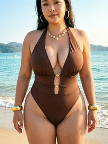 SHEIN Swim 大尺碼女款純色高衩掛脖連身泳衣 海灘棕色 夏季性感 - 咖啡棕 - 查看 4