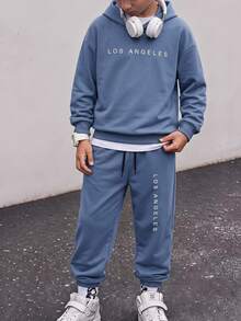 SHEIN Boys' Autumn/Winter Warm Basic Thickened Printed Pocket Hooded Sweatshirt & Sweatpants Set - Dusty Blue - View 3