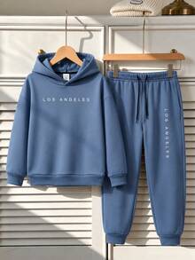 SHEIN Boys' Autumn/Winter Warm Basic Thickened Printed Pocket Hooded Sweatshirt & Sweatpants Set - Dusty Blue - View 5