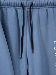 SHEIN Boys' Autumn/Winter Warm Basic Thickened Printed Pocket Hooded Sweatshirt & Sweatpants Set - Dusty Blue - View 7