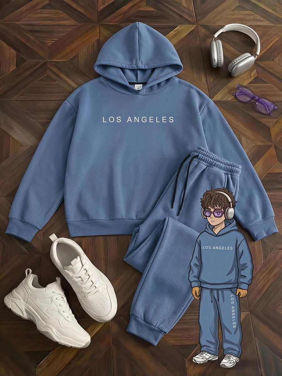 SHEIN Boys' Autumn/Winter Warm Basic Thickened Printed Pocket Hooded Sweatshirt & Sweatpants Set - Dusty Blue - View 1