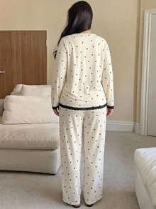 Dazy Plus 3pcs Bow Pattern All-Over Print Contrast Color Lace Patchwork Cardigan & Pants Pajama Set, Spring Summer Autumn - Apricot - View 4