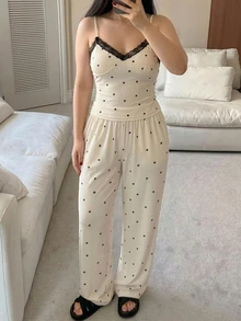 Dazy Plus 3pcs Bow Pattern All-Over Print Contrast Color Lace Patchwork Cardigan & Pants Pajama Set, Spring Summer Autumn - Apricot - View 3
