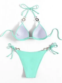 SHEIN Swim Summer Beach Rhinestone Studded Halter Push Up Bikini - Mint Green - View 2
