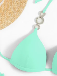 SHEIN Swim Summer Beach Rhinestone Studded Halter Push Up Bikini - Mint Green - View 3