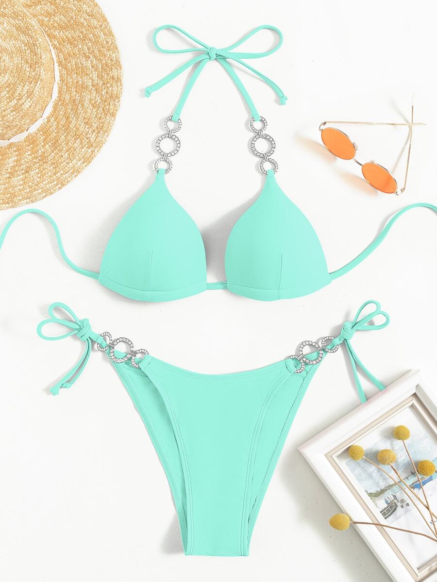 SHEIN Swim Summer Beach Rhinestone Studded Halter Push Up Bikini - Mint Green - View 1