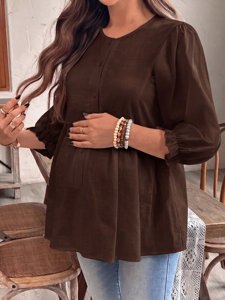 SHEIN Maternity Solid Color Round Neck 3/4 Sleeve Single-Breasted Casual Blouse - Chocolate Brown - View 2