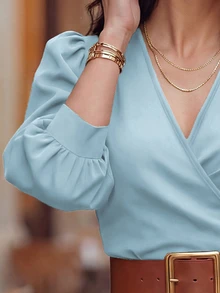 EMERY ROSE V-Neck Criss-Cross Puff Sleeve Fitted Cropped Women Shirt - Blue - View 4