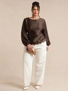 SHEIN BAE CURVE Plus Size Women Brown Long Sleeve Satin Lace Patchwork Top - Brown - View 5