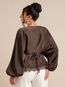 SHEIN BAE CURVE Plus Size Women Brown Long Sleeve Satin Lace Patchwork Top - Brown - View 6
