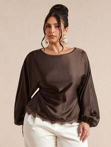 SHEIN BAE CURVE Plus Size Women Brown Long Sleeve Satin Lace Patchwork Top - Brown - View 8