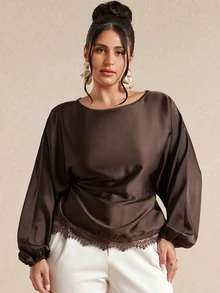 SHEIN BAE CURVE Plus Size Women Brown Long Sleeve Satin Lace Patchwork Top - Brown - View 2
