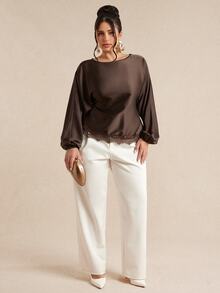 SHEIN BAE CURVE Plus Size Women Brown Long Sleeve Satin Lace Patchwork Top - Brown - View 7