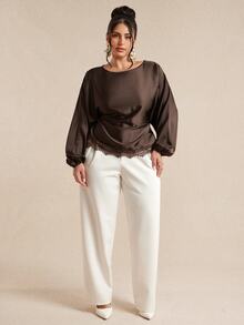 SHEIN BAE CURVE Plus Size Women Brown Long Sleeve Satin Lace Patchwork Top - Brown - View 3