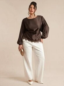SHEIN BAE CURVE Plus Size Women Brown Long Sleeve Satin Lace Patchwork Top - Brown - View 4