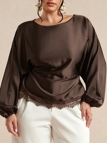 SHEIN BAE CURVE Plus Size Women Brown Long Sleeve Satin Lace Patchwork Top - Brown - View 1