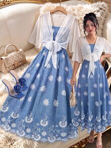 Franclia 大尺碼女款時尚秋季花卉雪紡開襟衫連身裙優雅可愛仙女風膠囊兩件套 白色花卉 白色 秋季度假早午餐穿搭 - 藍白色 - 查看 7