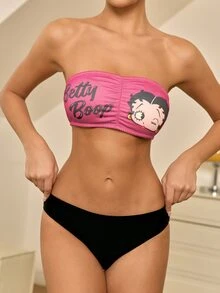 Betty Boop x SHEIN Women's Letter & Character Print Ruched Bandeau Bra - Hot Pink - View 8