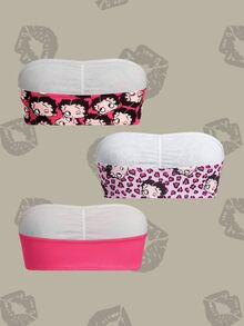 Betty Boop x SHEIN Women's Letter & Character Print Ruched Bandeau Bra - Hot Pink - View 2