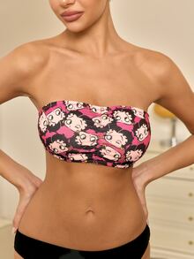 Betty Boop x SHEIN Women's Letter & Character Print Ruched Bandeau Bra - Hot Pink - View 5