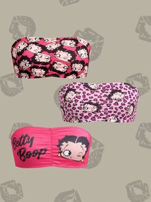Betty Boop x SHEIN Women's Letter & Character Print Ruched Bandeau Bra - Hot Pink - View 1