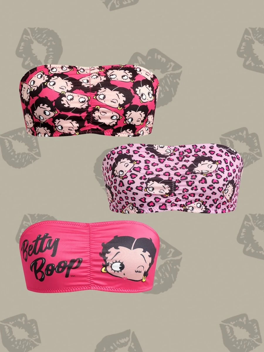 Betty Boop x SHEIN Women's Letter & Character Print Ruched Bandeau Bra - Hot Pink - View 1